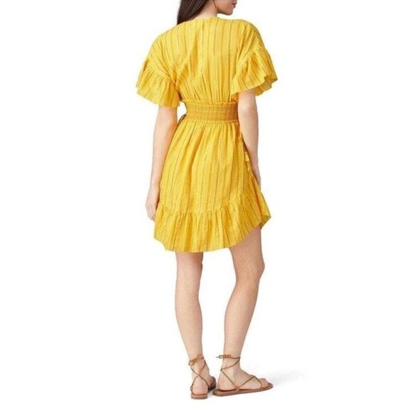 Saylor Adrianne Yellow Metallic Stripe Smocked V-Neck Mini Dress Size M - Picture 3 of 13